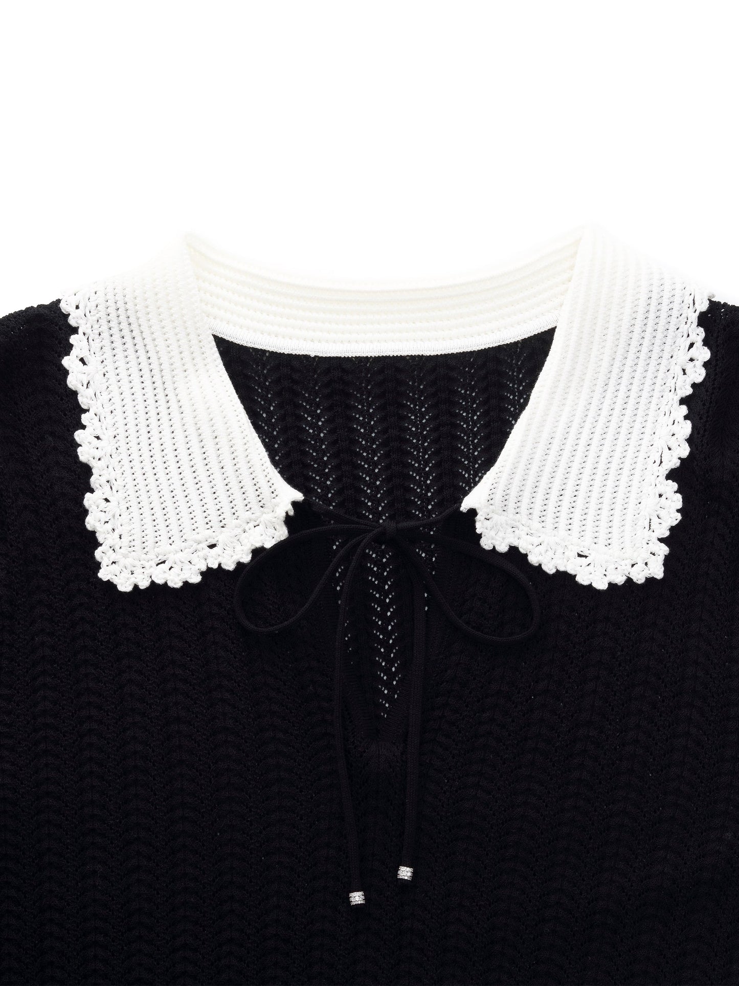 Tencel Blend Color Block Tie Front Women Openwork Knit Top