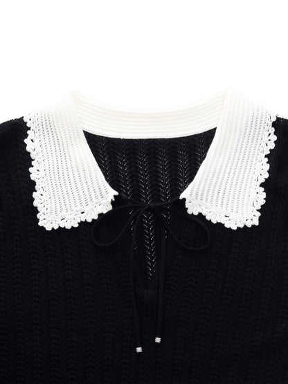 Tencel Blend Color Block Tie Front Women Openwork Knit Top