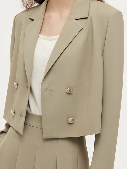 Crop Blazer And Camisole And Pleated Midi Skirt Three-Piece Set