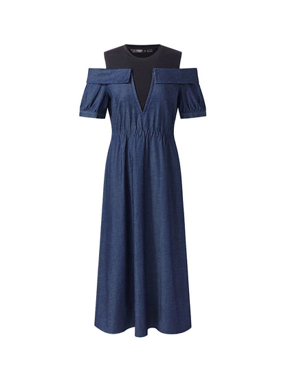 Denim Lyocell Cold Shoulder Patchwork Women Midi Dress