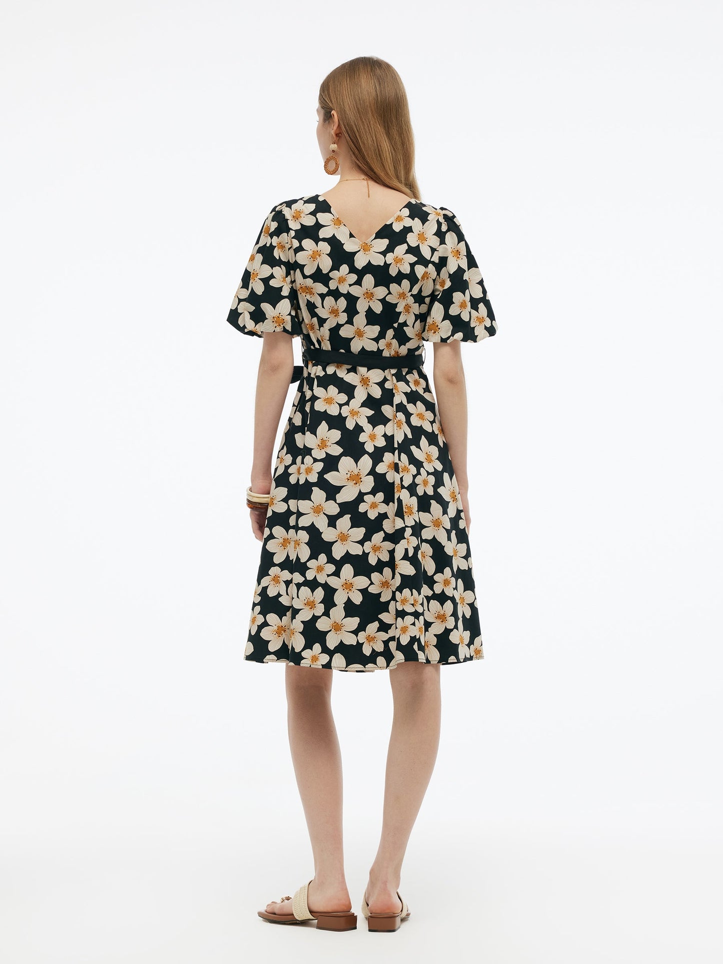 Cotton Stretch Floral Print Women Tie Belt Midi Dress
