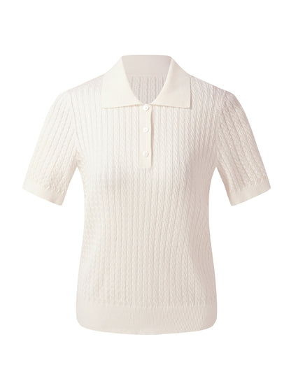 Tencel Blend Openwork Women Knit Polo Top