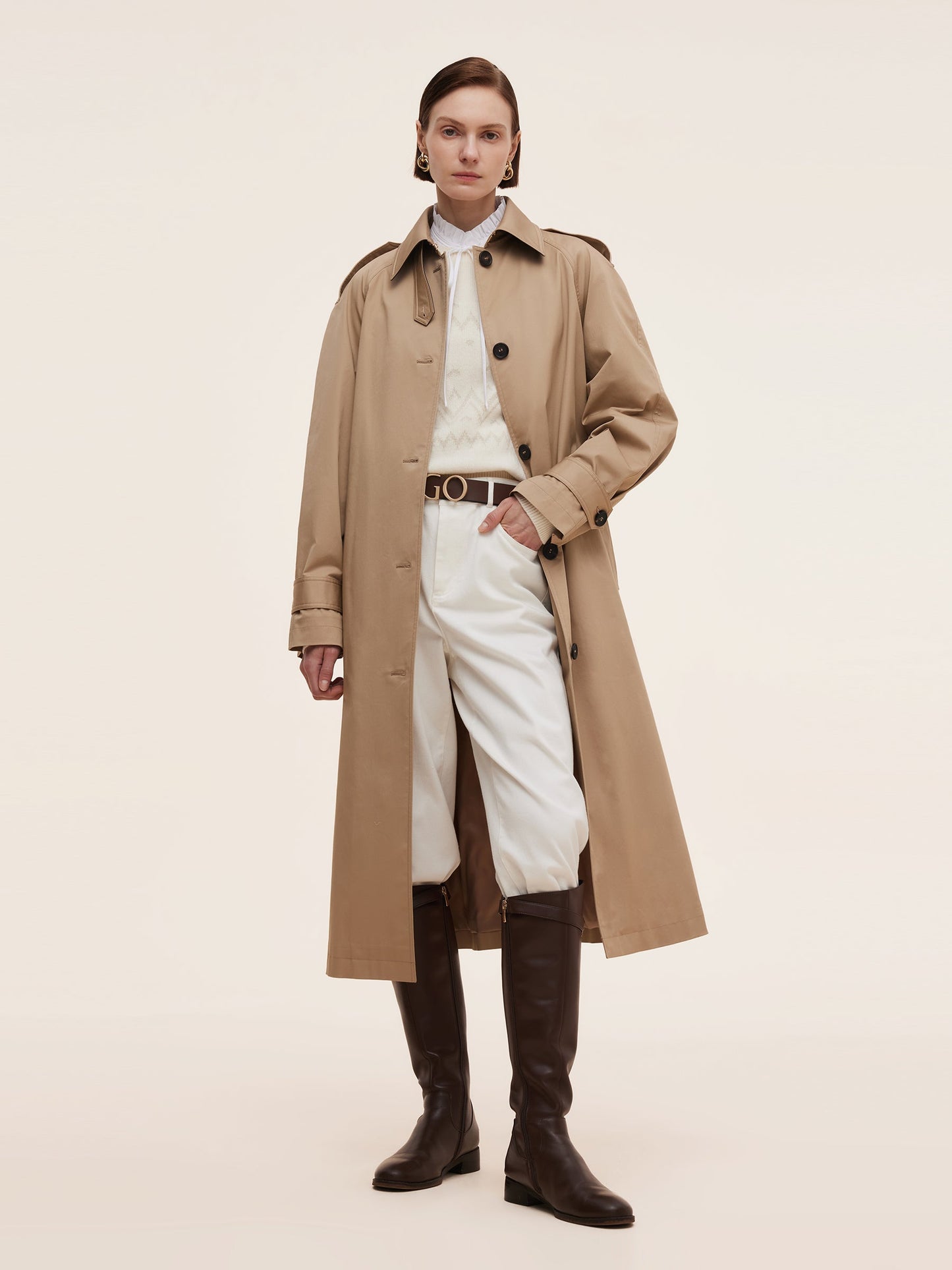 Cotton Self-Tie Belt Women Long Trench Coat