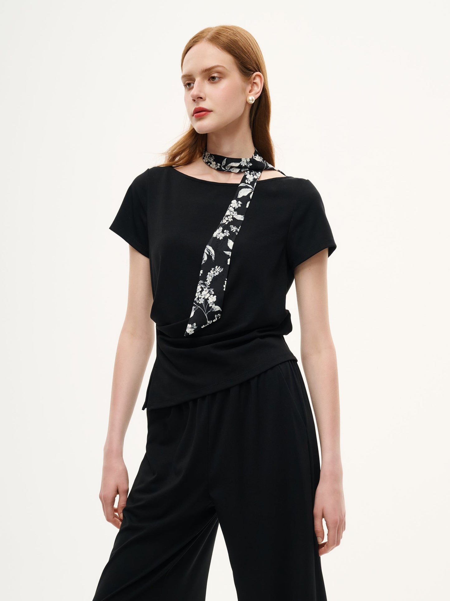 Boat Neck Side Ruched Top And Pants Two-Piece Set With Floral Print Scarf
