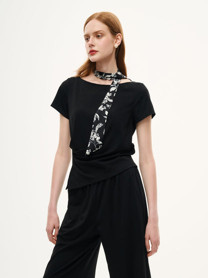 Boat Neck Side Ruched Top And Pants Two-Piece Set With Floral Print Scarf
