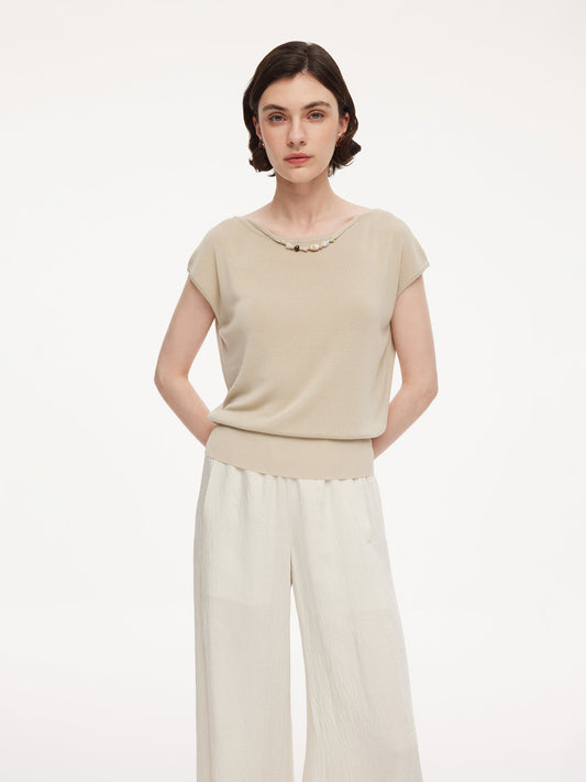 Tencel Mulberry Silk Blend Women Knit Top With Detachable Necklace
