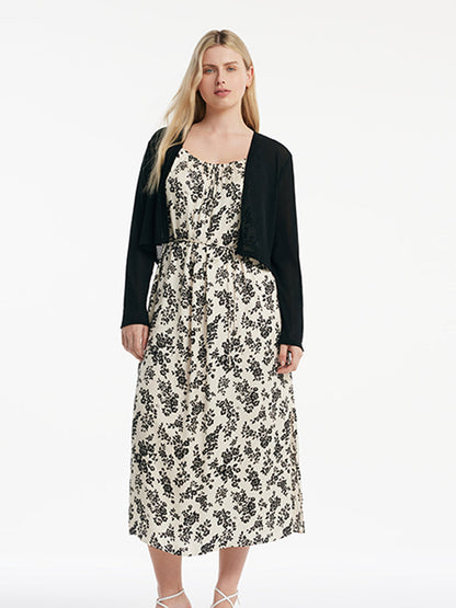 Camellia Print Spaghetti Strap Dress And Knitted Cardigan Two-Piece Set