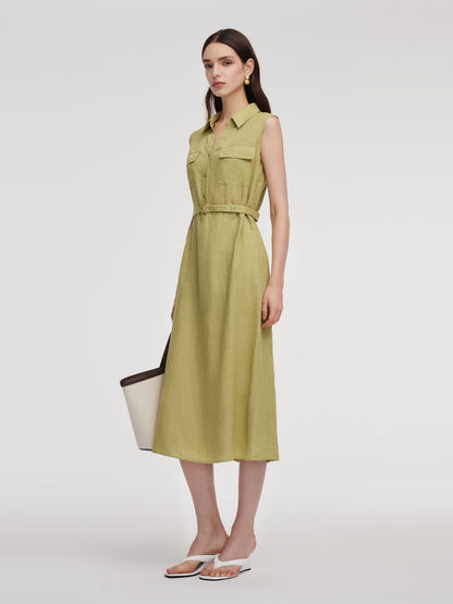 100% Linen Sleeveless Women Maxi Shirt Dress With Belt
