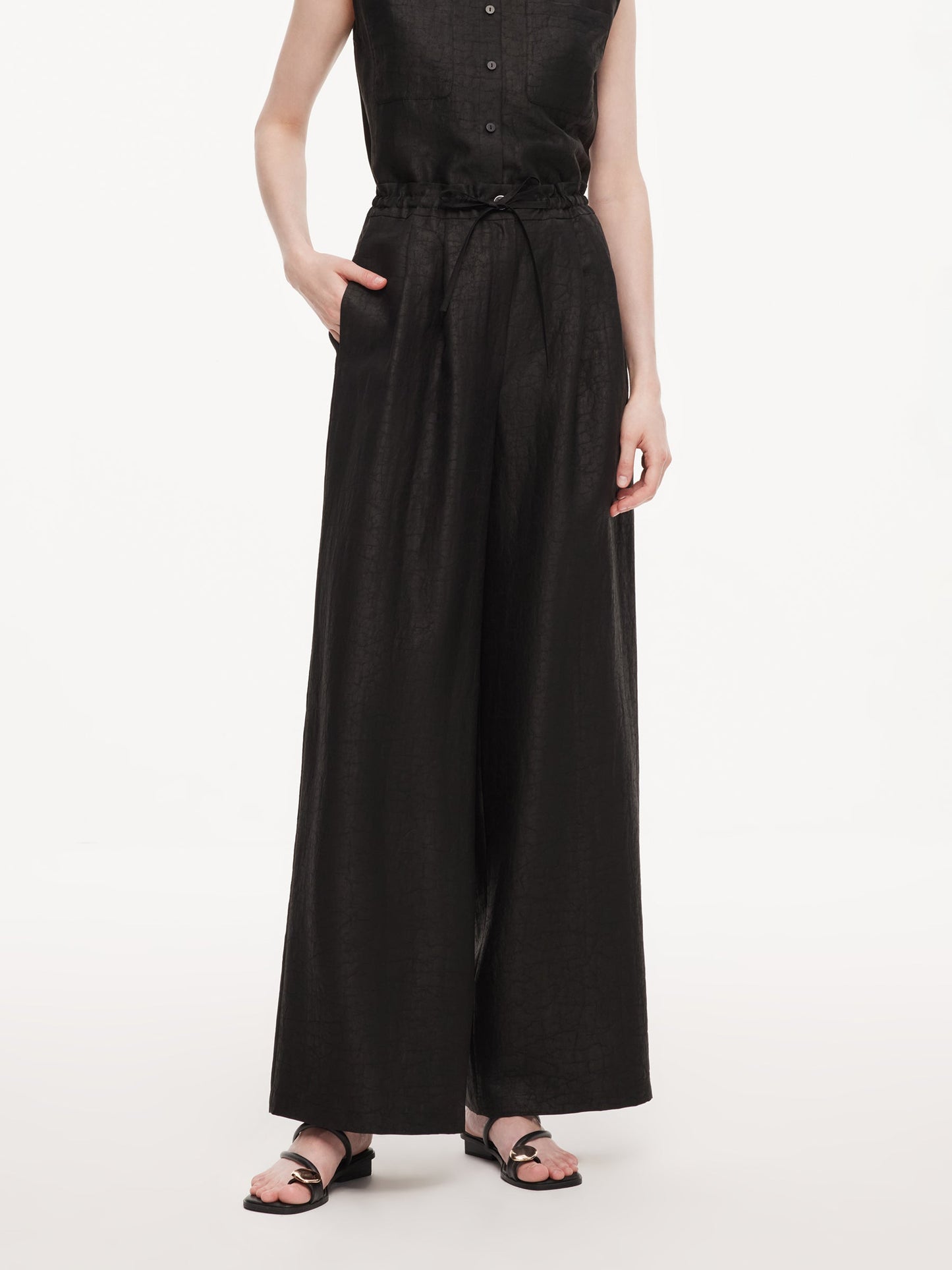 18MM Gambiered Canton Gauze Women Drawstring Waist Wide Leg Pants