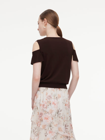Tencel Blend Ruffle Cold Shoulder Women Knit Top