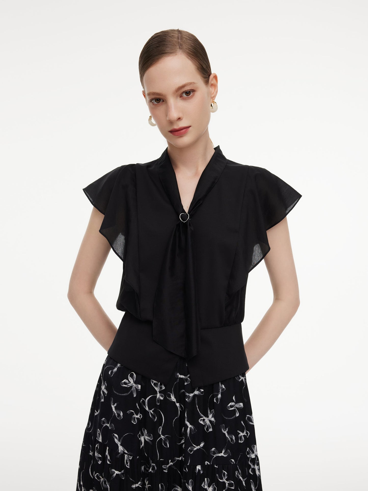 Lyocell Blend Ruffle Sleeve Women Blouse With Detachable Scarf Buckle