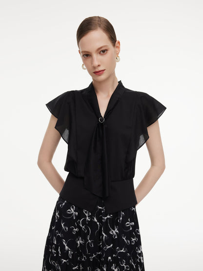 Lyocell Blend Ruffle Sleeve Women Blouse With Detachable Scarf Buckle