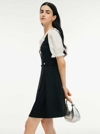 Faux-Layered A-Line Women Puff Sleeve Knit Mini Dress