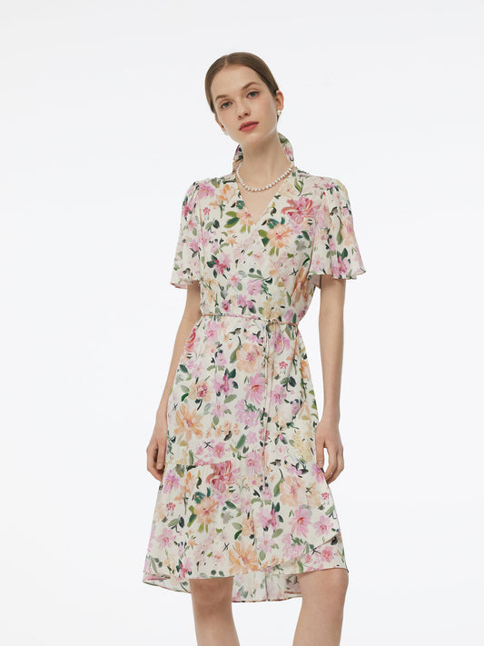 19MM Mulberry Silk Floral Print V-Neck Women Wrap Midi Dress
