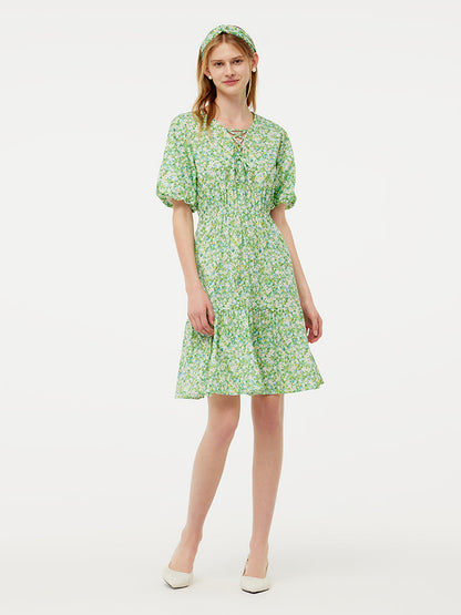 Cotton Floral Print Drawstring Front Women Mini Dress With Hairband