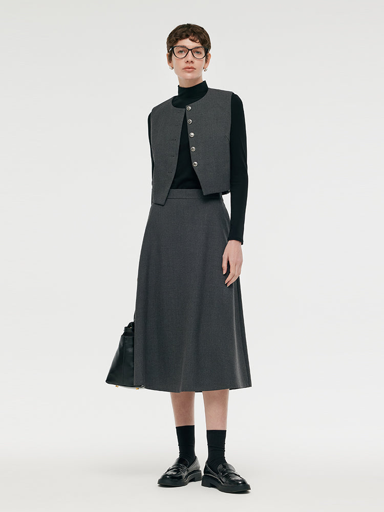 Wool Blend Vest And Skirt And Knit Top Three-Piece Set
