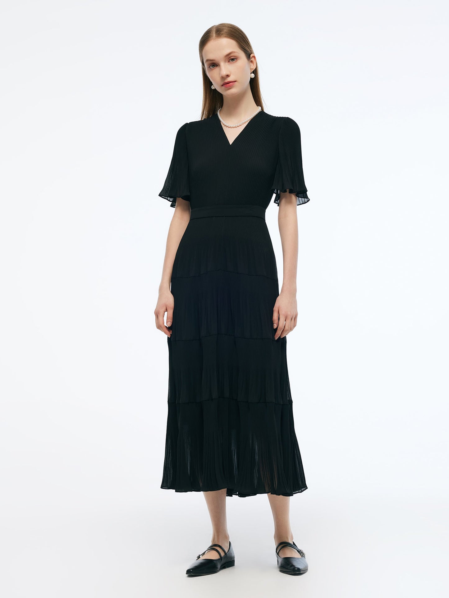 Pleated V-Neck Women A-Line Tie Belt Maxi Dress
