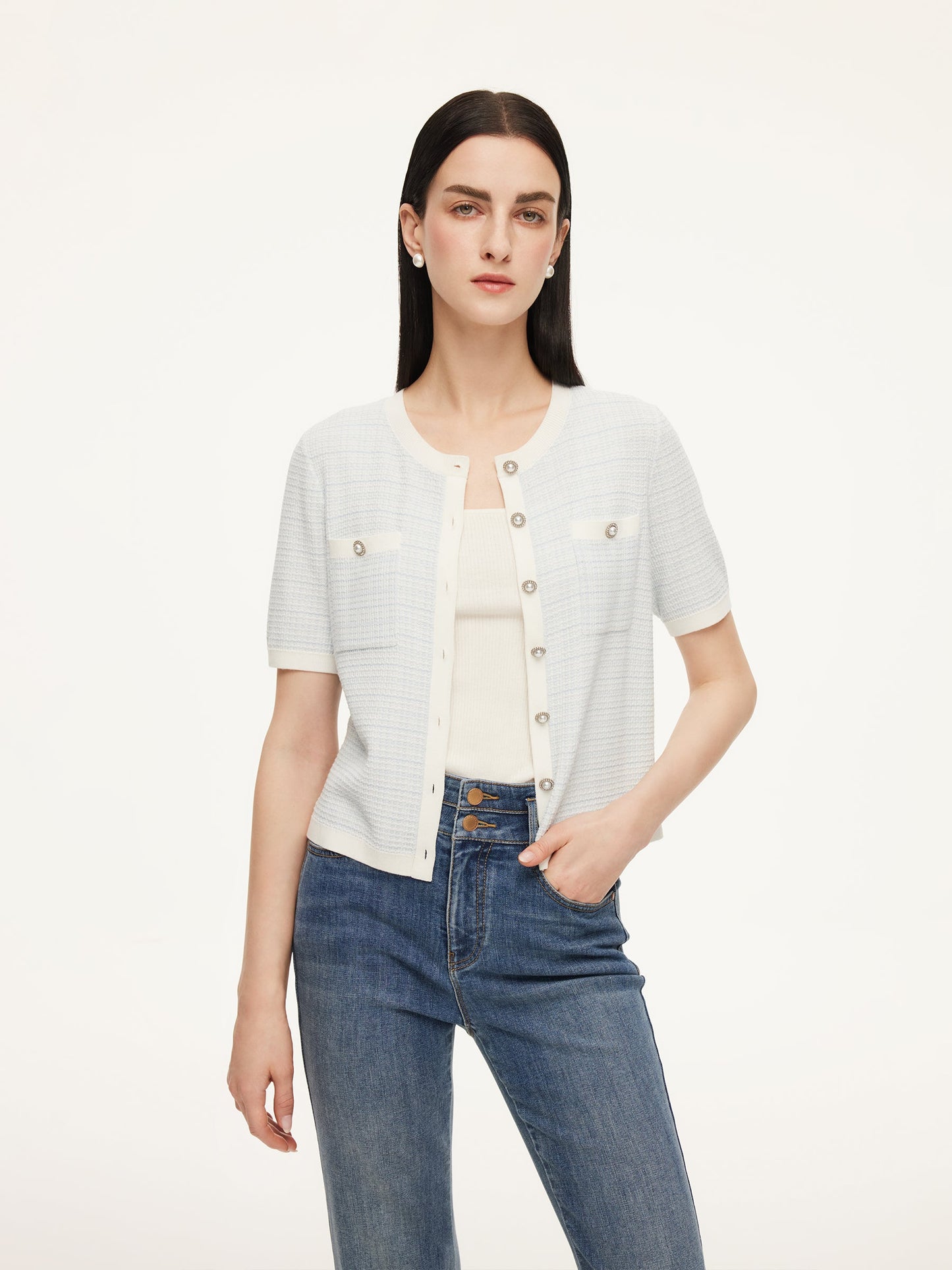 Tencel Blend Contrast Trim Women Textured Cardigan