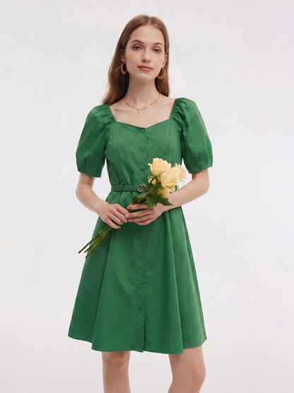 [Preview] Cotton Blend Square Neck Women Belted Midi Dress