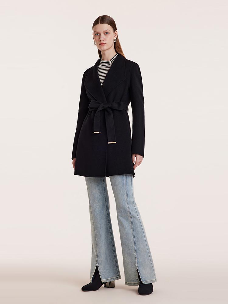 Tencel Wool Notched Lapel Mid-Length Coat With Belt