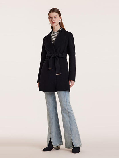 Tencel Wool Notched Lapel Mid-Length Coat With Belt