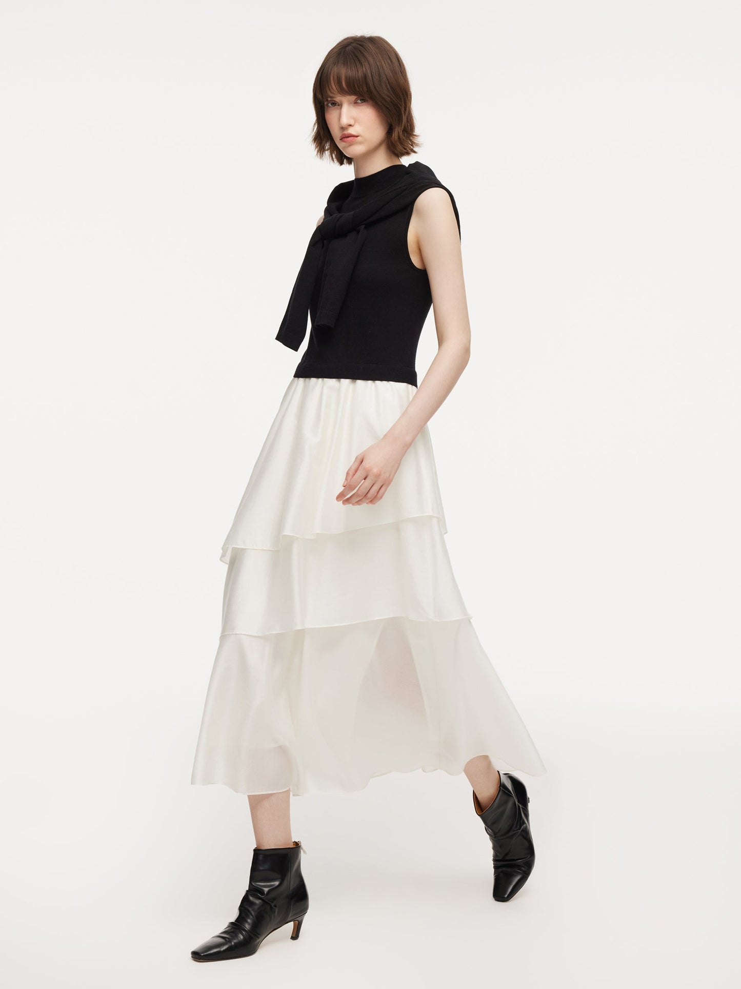 Lyocell Wool Blend Off Shoulder Knit Top And Sleeveless Tiered Dress Two-Piece Set