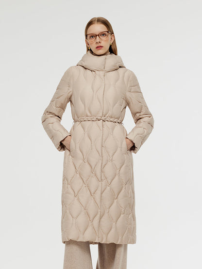 Gathered Waist Long Goose Down Coat With Belt