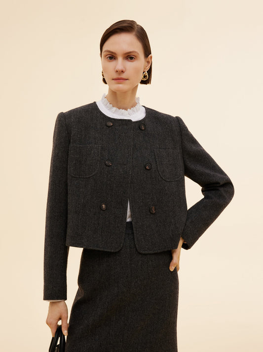 100% Washable Wool Double Breasted Women Crop Jacket
