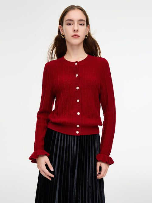 Tencel Wool Blend Ruffle Cuff Women Cardigan