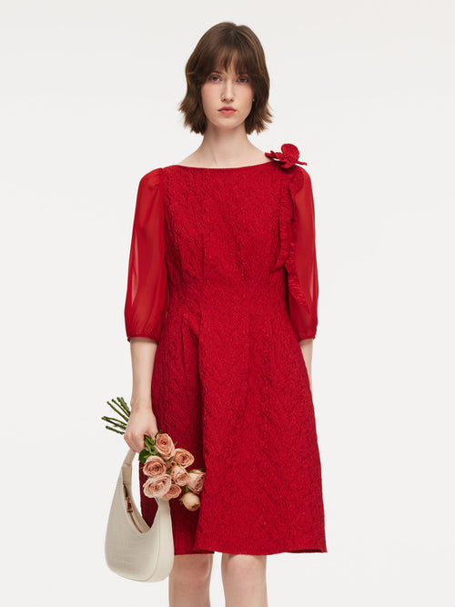 Chili Red Jacquard Boat Neck Women Midi Dress With Detachable Flower