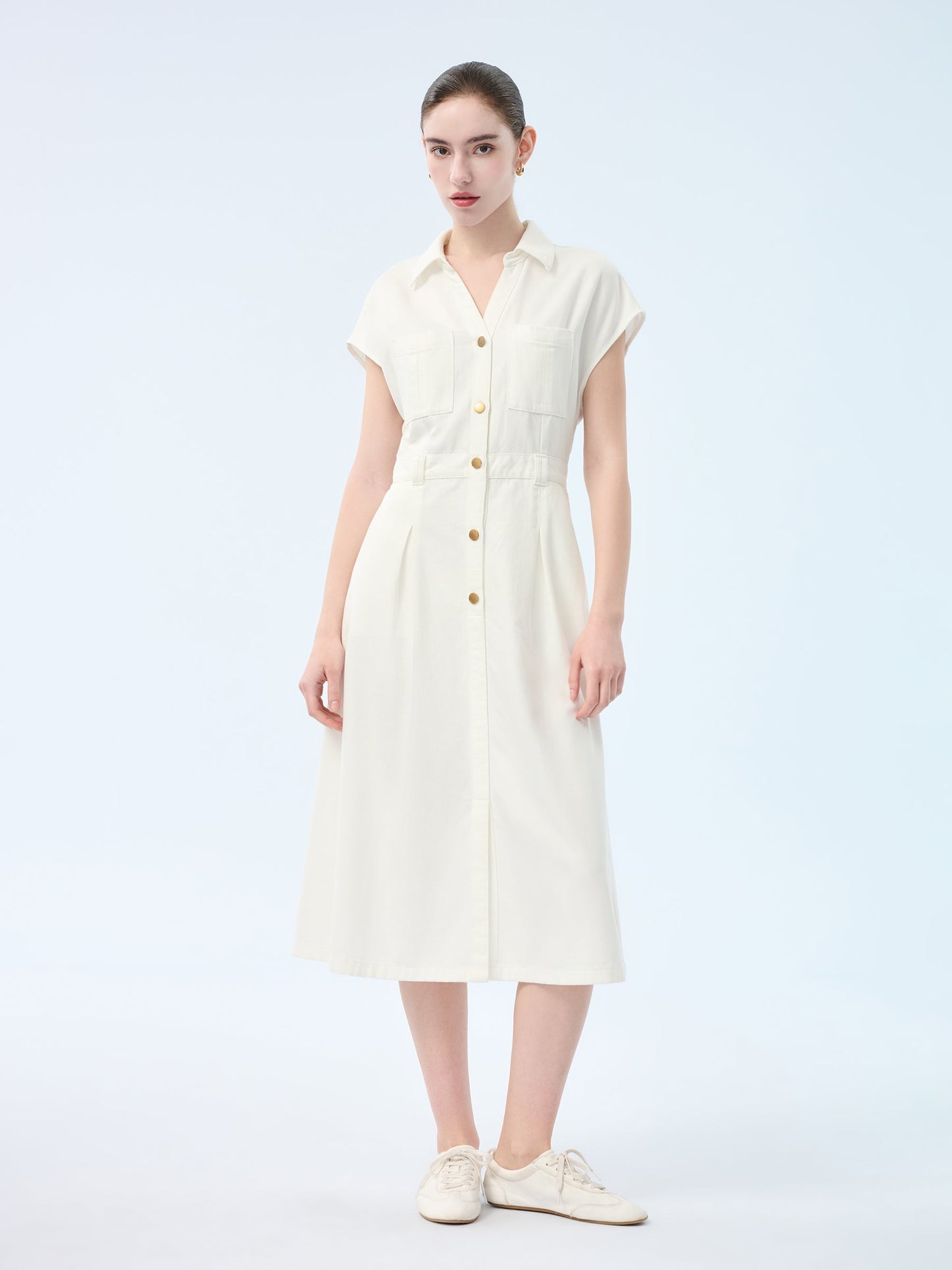 Lyocell Cotton Blend Denim Women V-Neck Maxi Shirt Dress With Belt