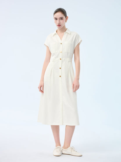 Lyocell Cotton Blend Denim Women V-Neck Maxi Shirt Dress With Belt