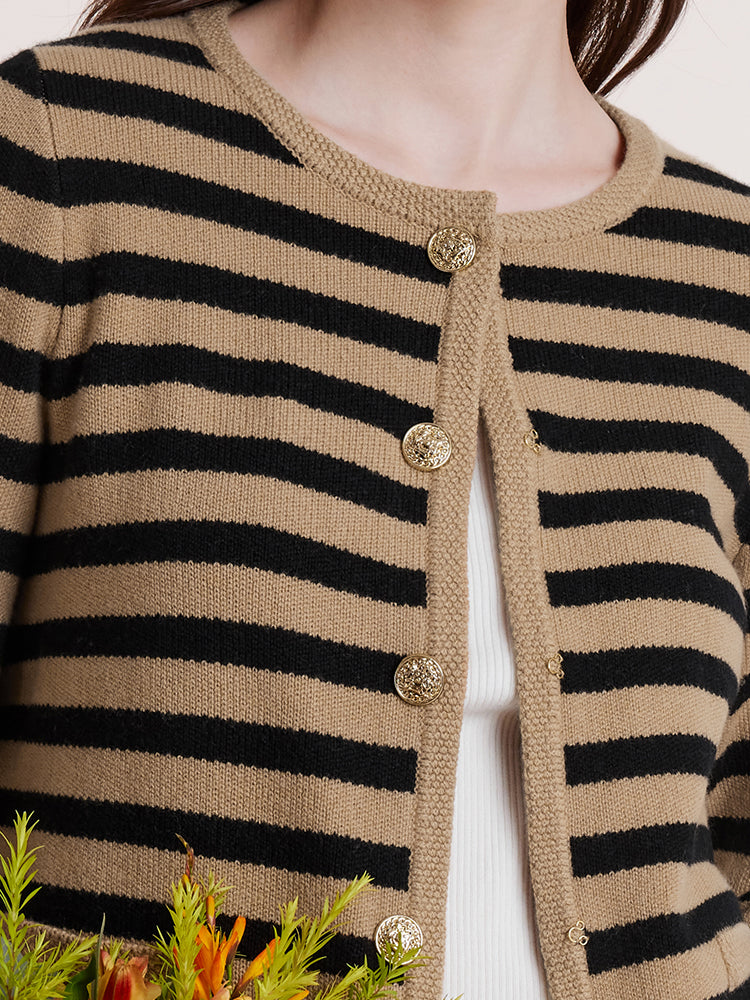 Button Up Woolen Striped Lady Cardigan