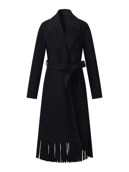 Cashmere Wool Blend Fringe Hem Women Wrap Overcoat