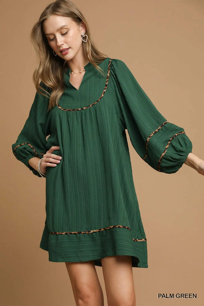 Umgee Textured Babydoll Dress with Leopard Trim