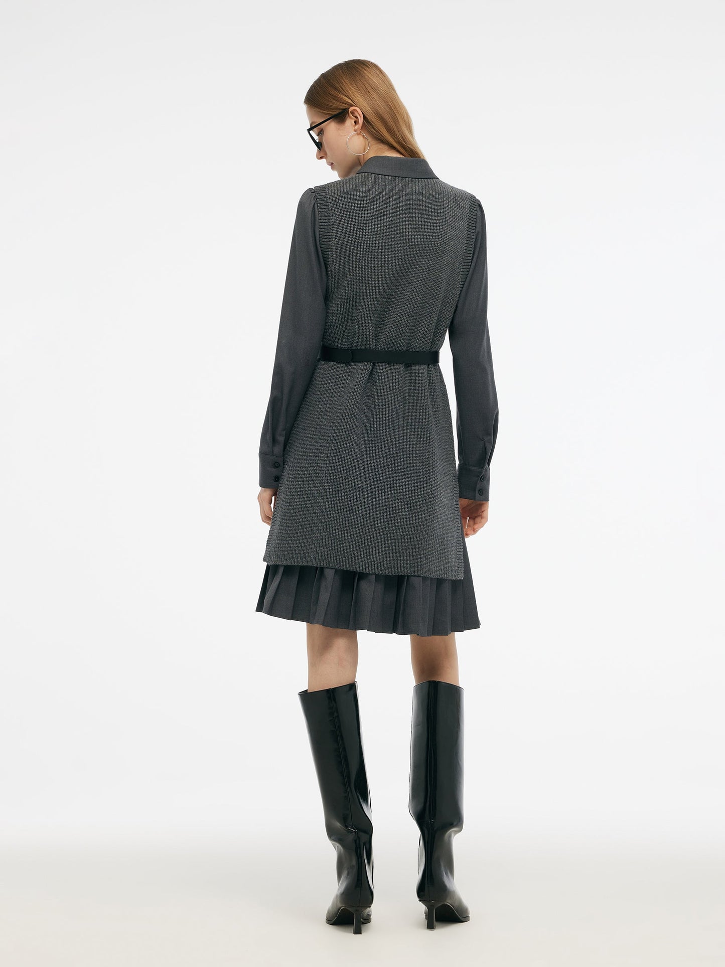 Wool Blend Knit Vest And Shirt Mini Dress Two-Piece Set With Belt