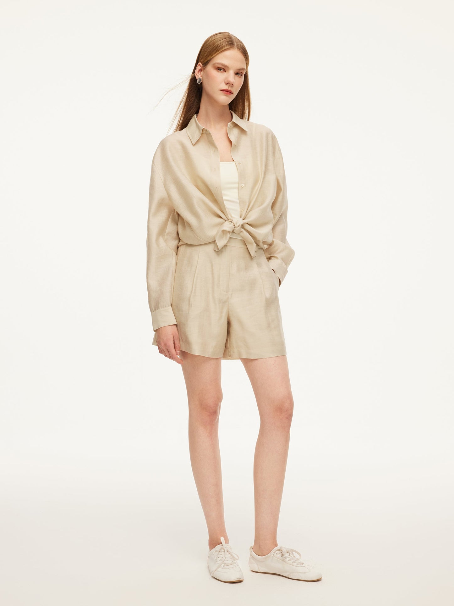 Tencel Acetate Linen Blend Women Sheer Oversized Shirt & Camisole Two-Piece Set