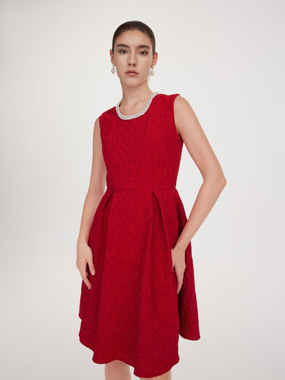 Jacquard Beaded Round Neck Women Sleeveless Mini Dress