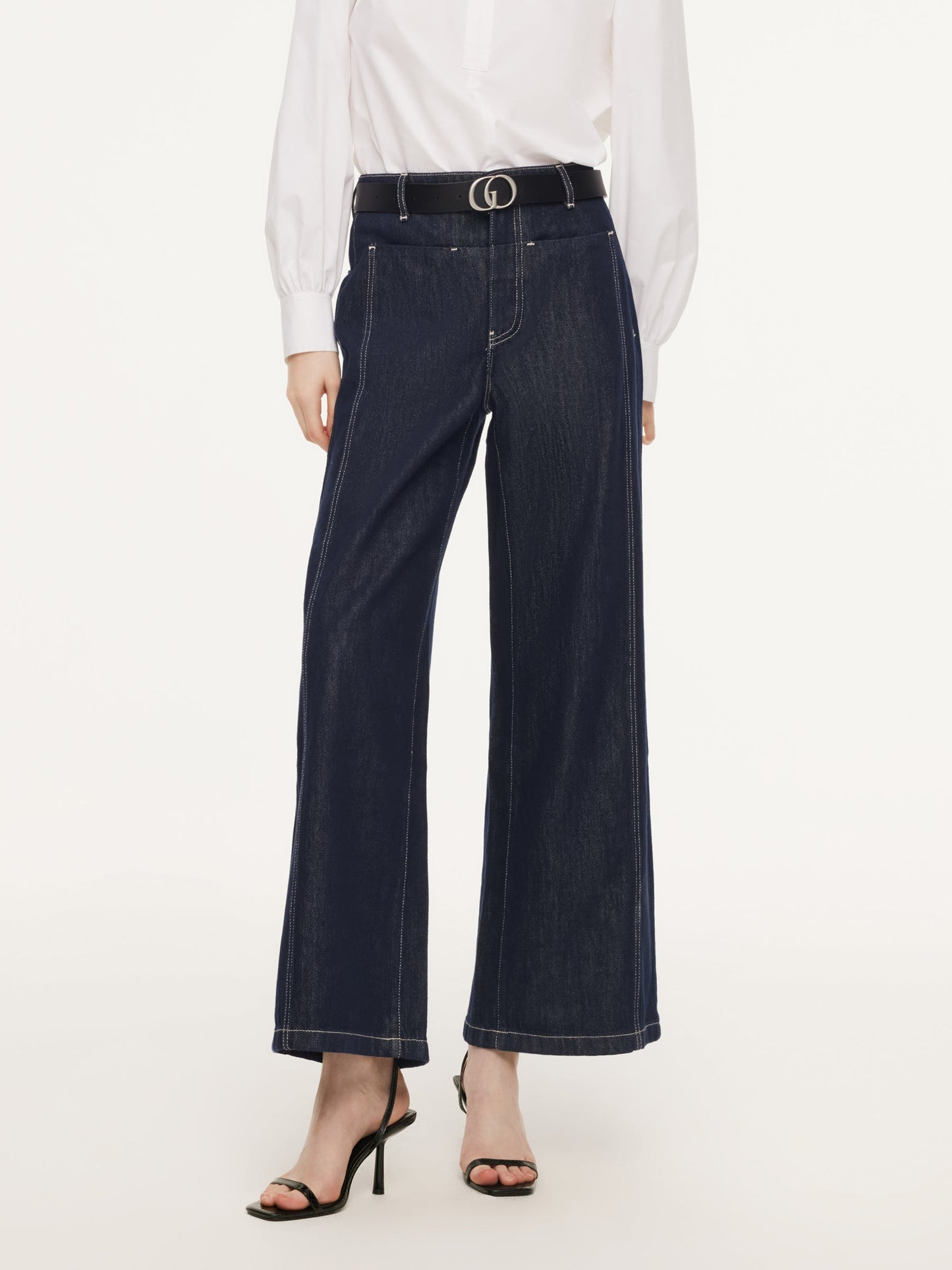 Lyocell Blend Denim Paneled Seam Women Wide Leg Jeans With Belt