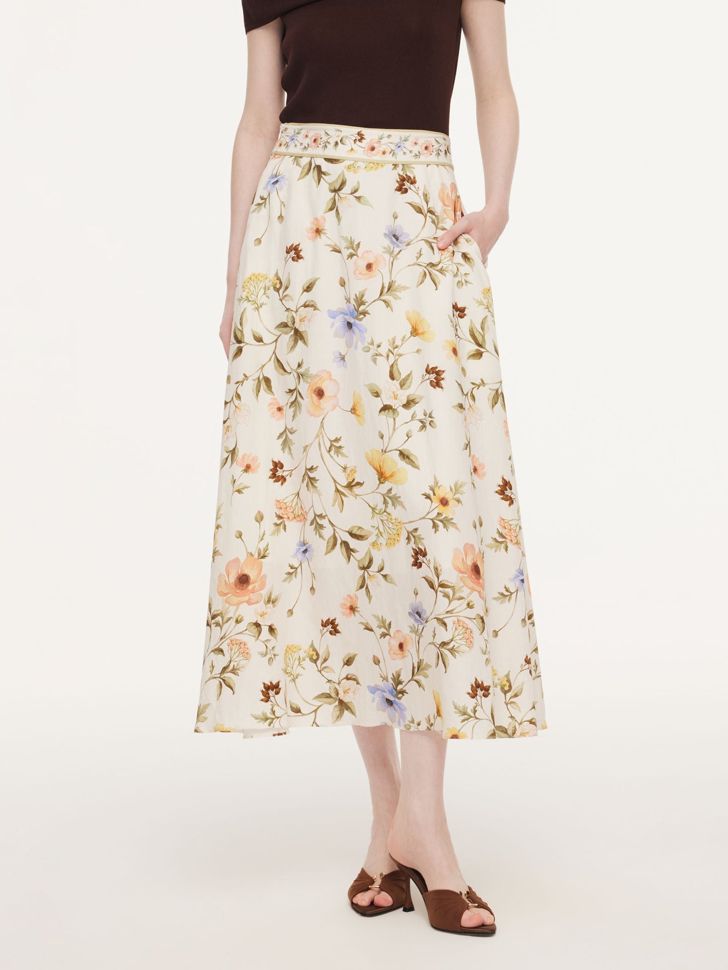 Tencel Blend Floral Print Women A-Line Skirt With Scrunchie