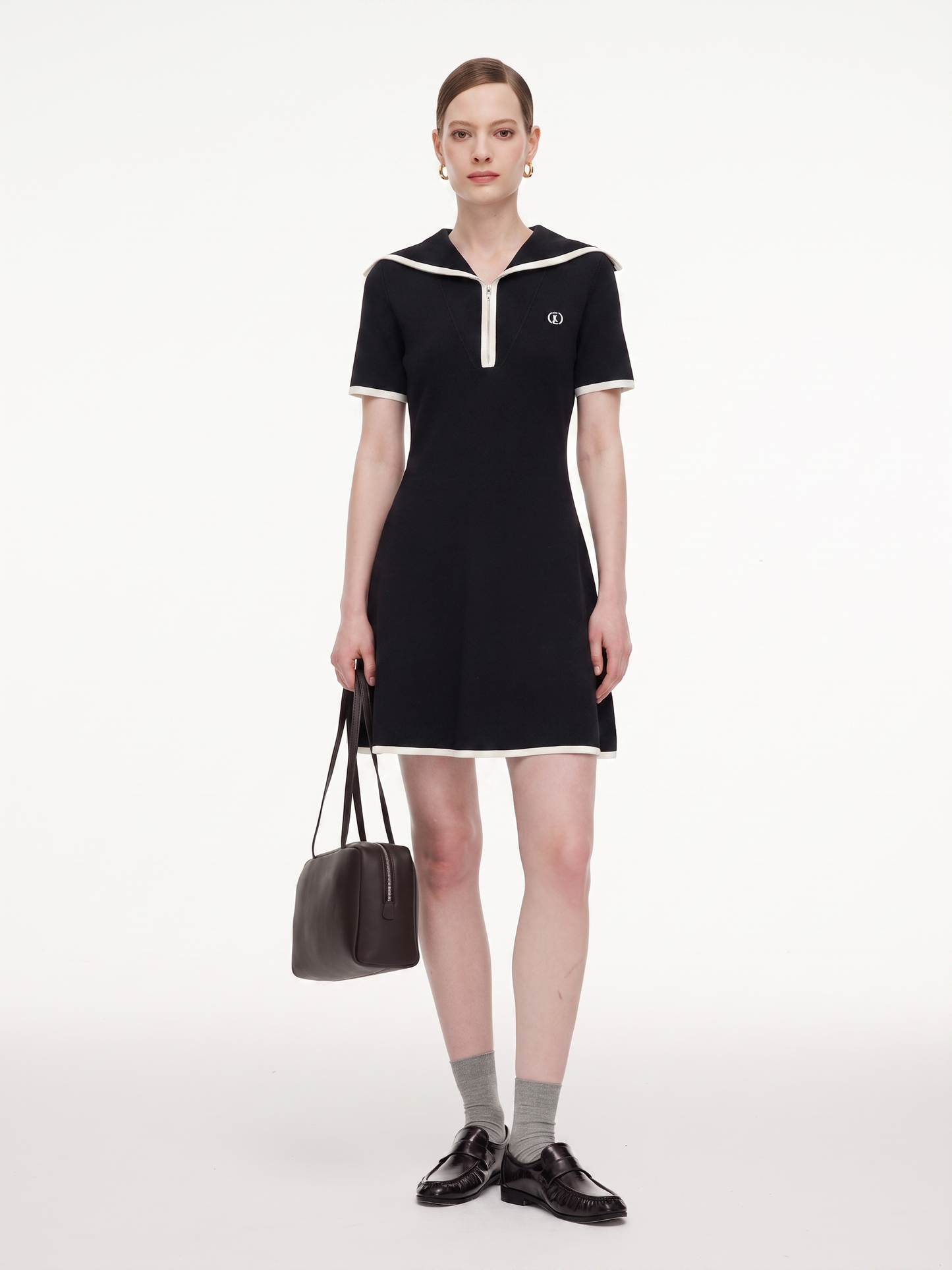 Lyocell Blend Contrast Trim Half-Zip Women Knit Mini Dress