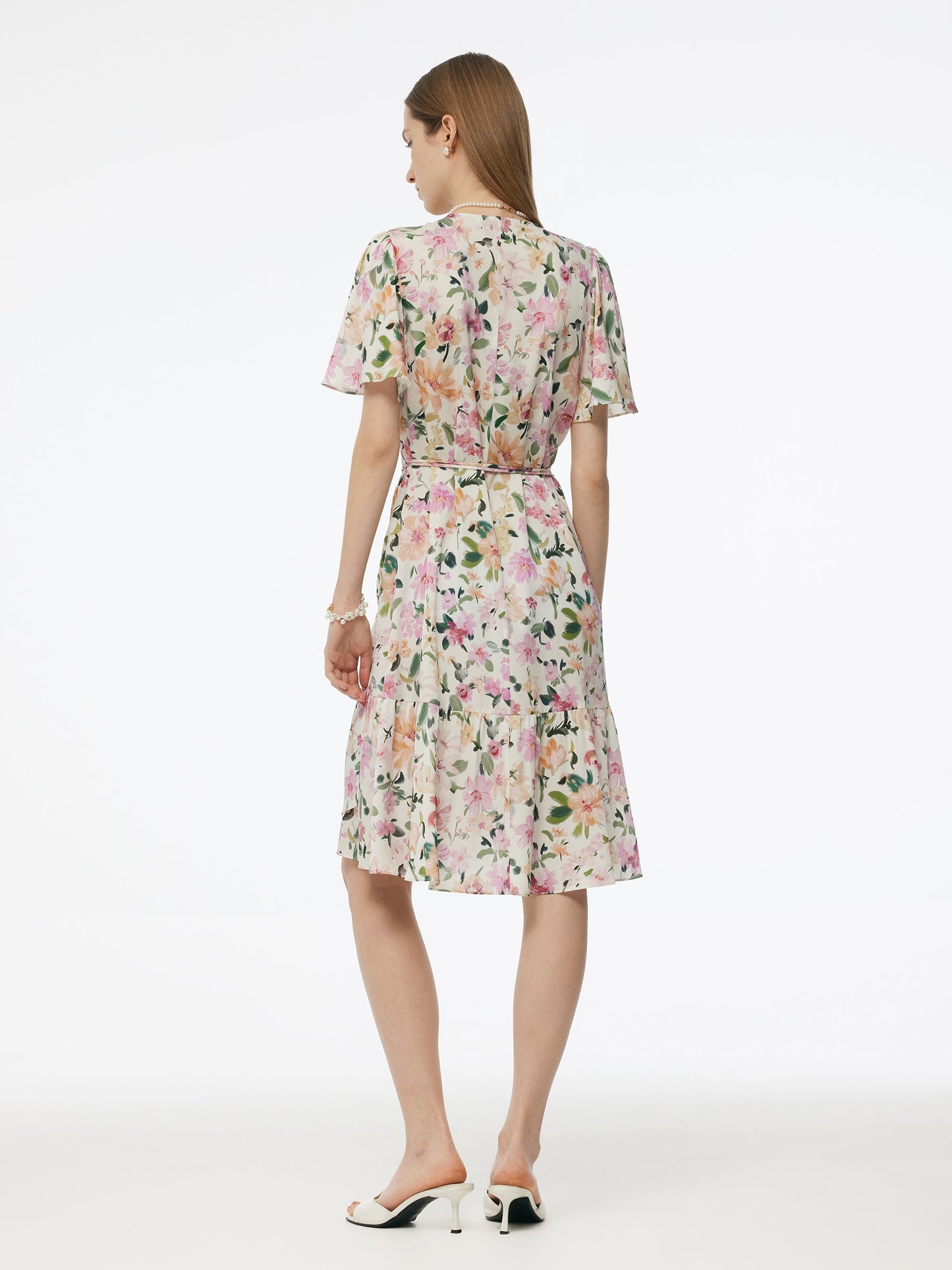 19MM Mulberry Silk Floral Print V-Neck Women Wrap Midi Dress