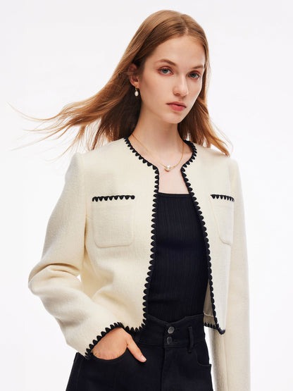 100% Wool Contrast Trim Women Crop Jacket
