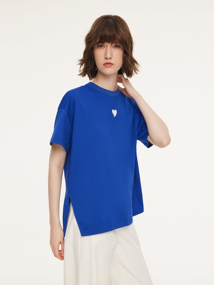 Asymmetrical Hem Heart Decorated Women T-Shirt