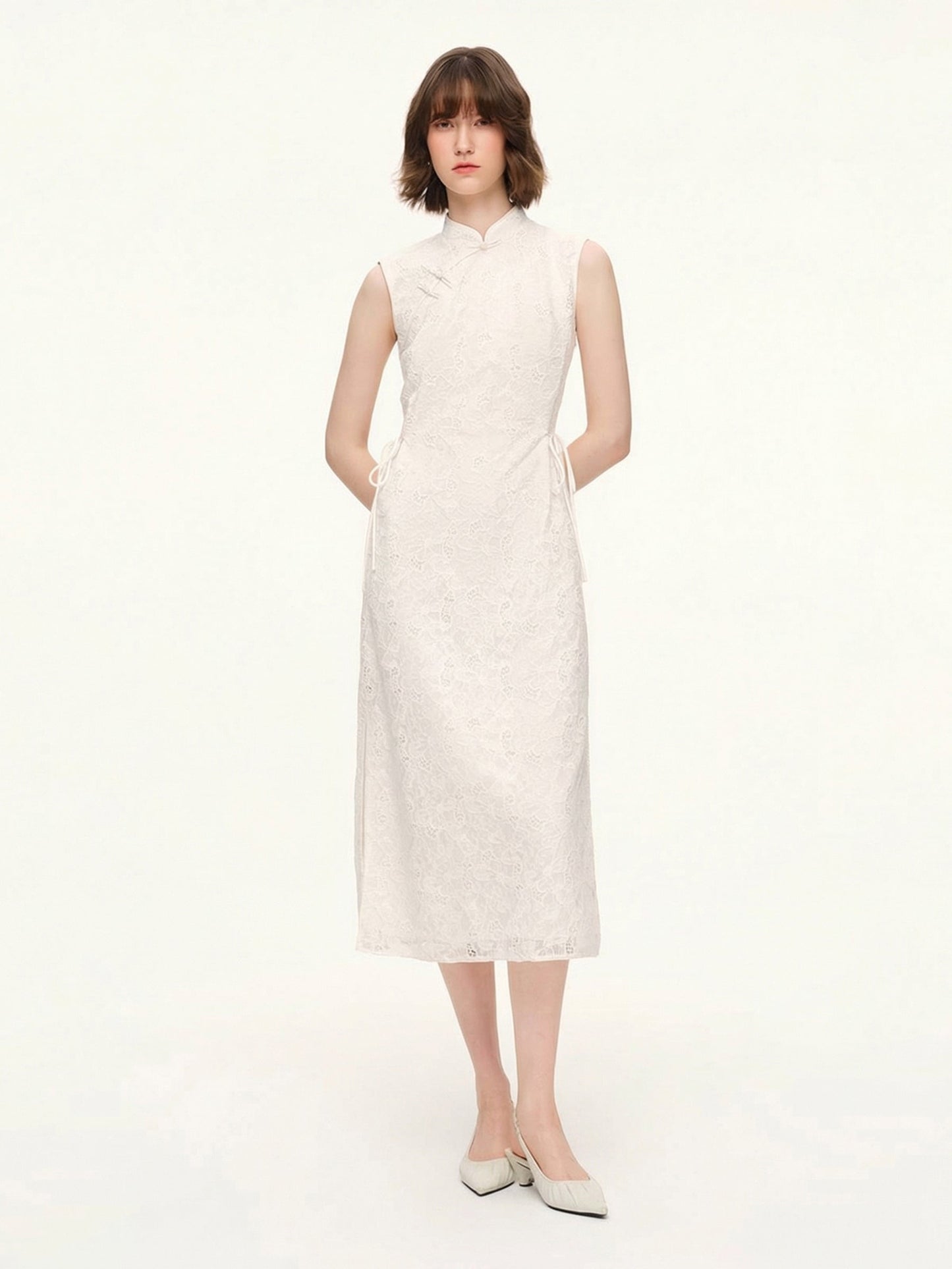 Lace Sequins Adjustable Drawstring Waist Women Qipao Midi Dress