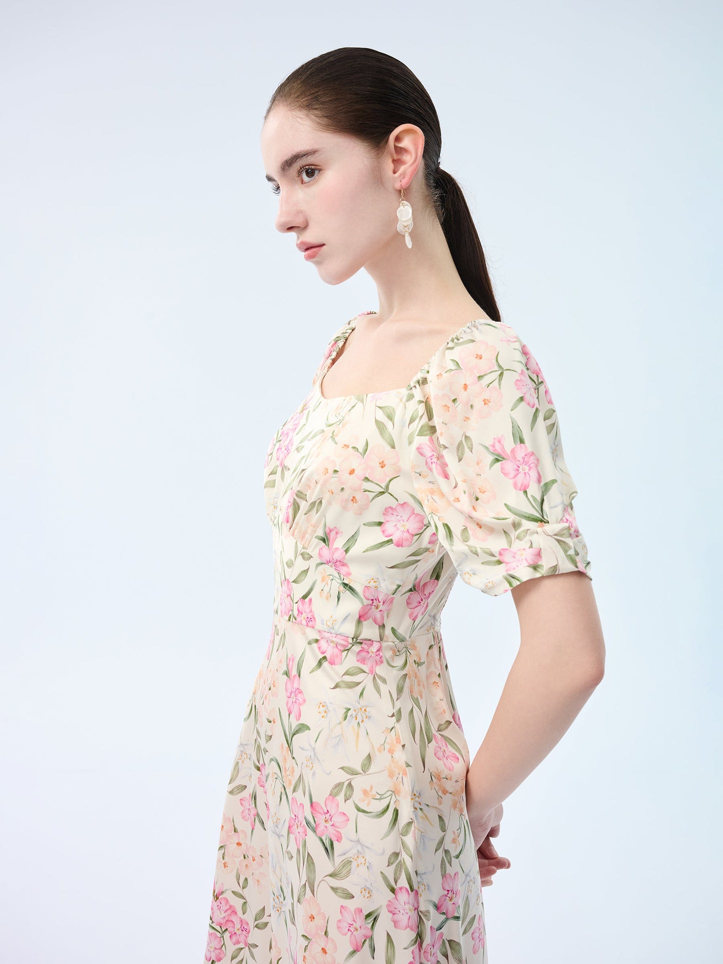 19MM Mulberry Silk Floral Print Women Square Neck Midi Dress