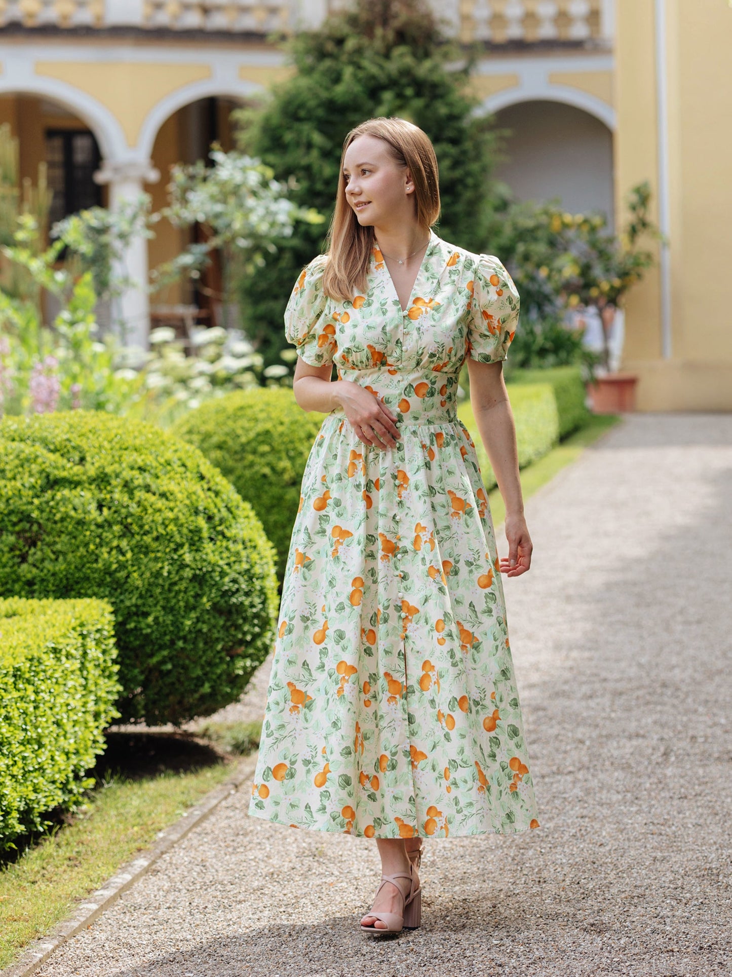 Cotton Gathered Waist Floral Print Women Maxi Dress