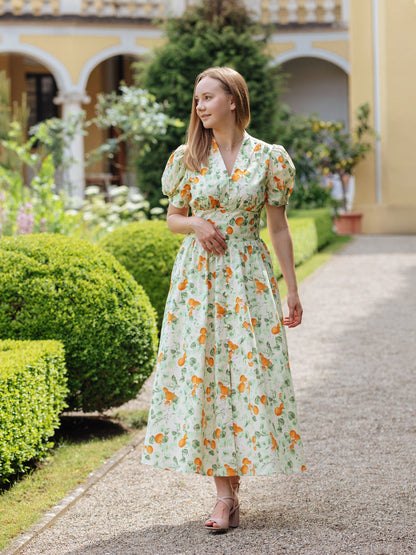 Cotton Gathered Waist Floral Print Women Maxi Dress