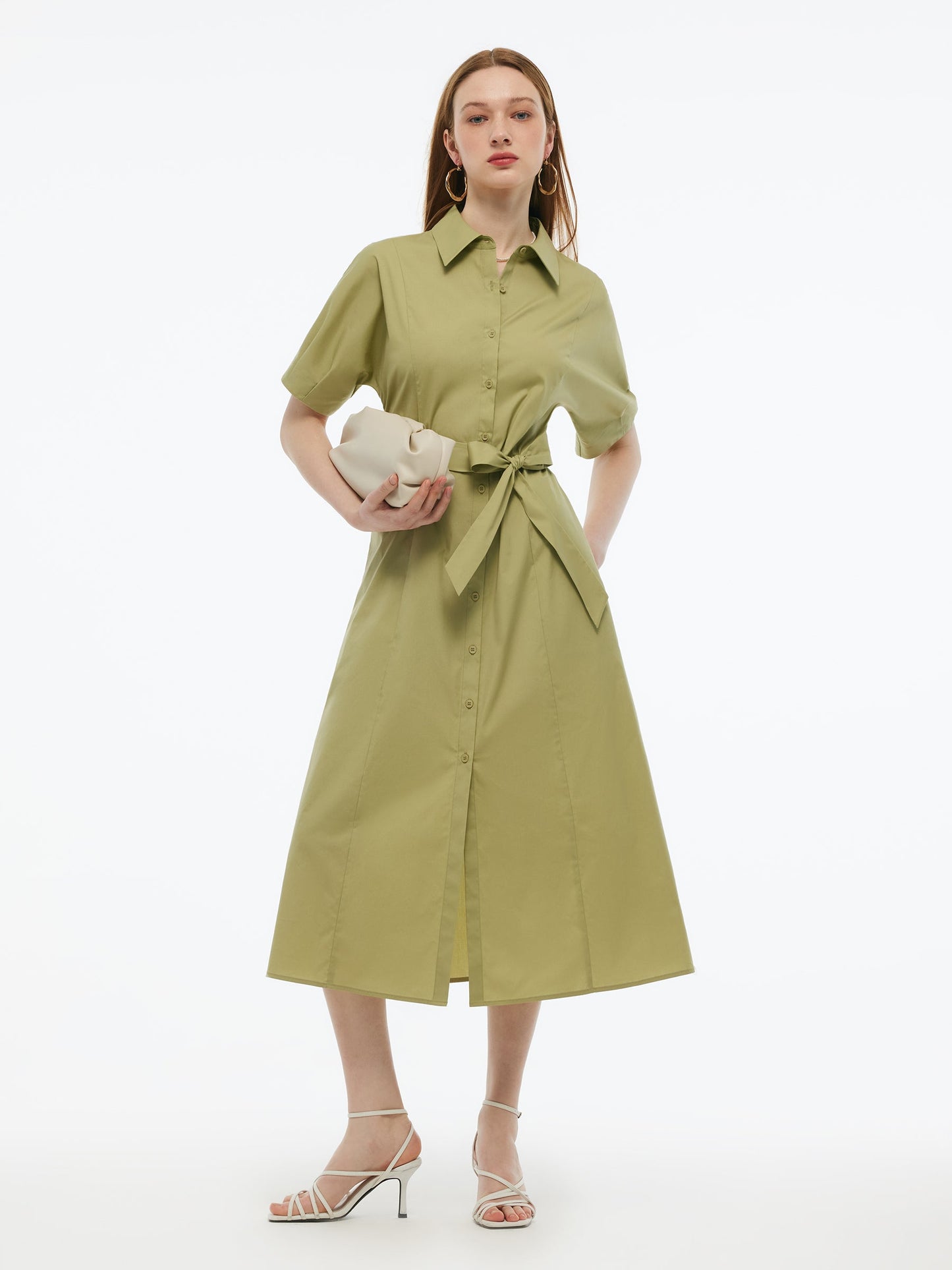 Gathered Waist Stretch Women Maxi Shirt Dress With Belt
