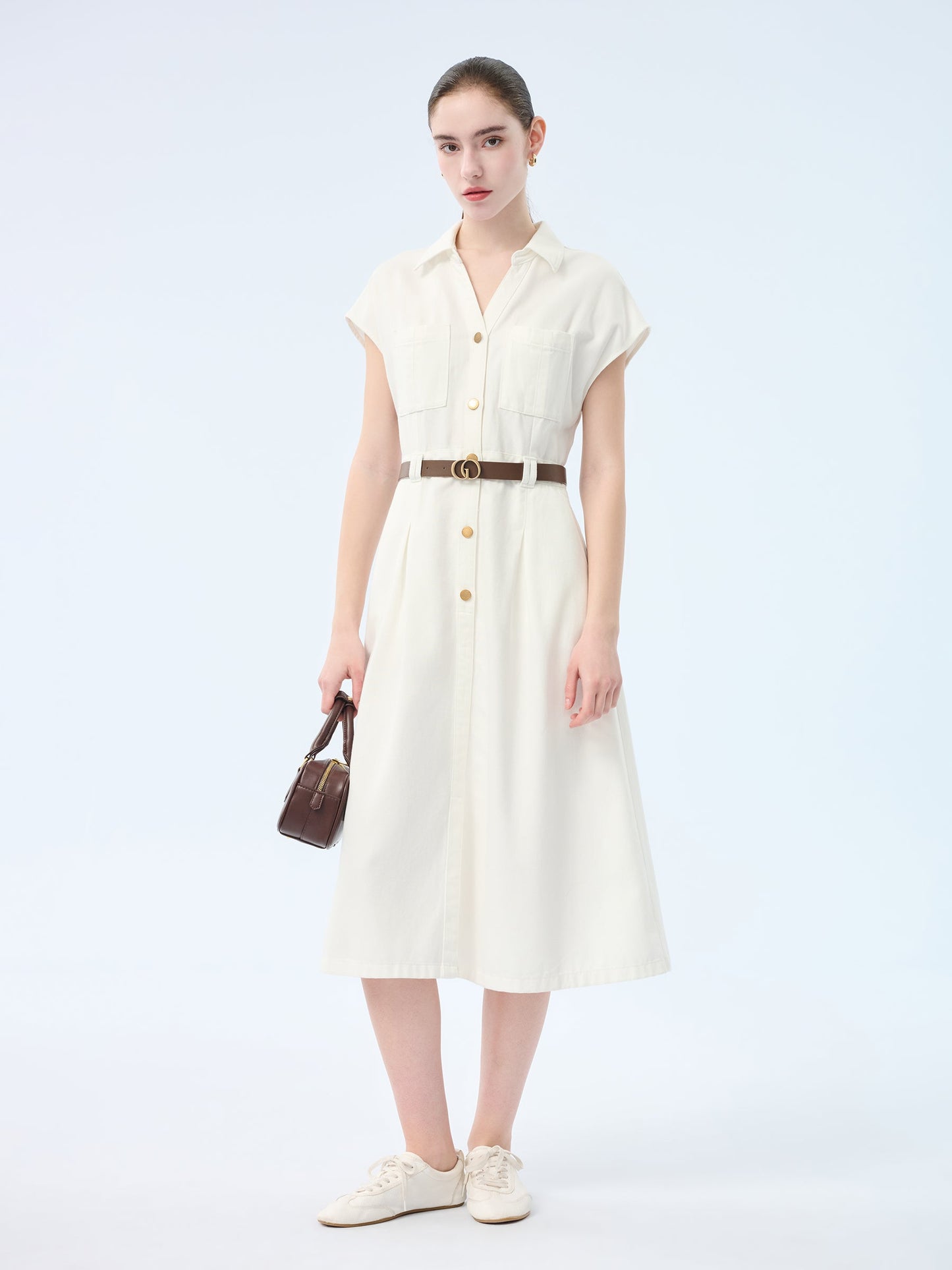 Lyocell Cotton Blend Denim Women V-Neck Maxi Shirt Dress With Belt
